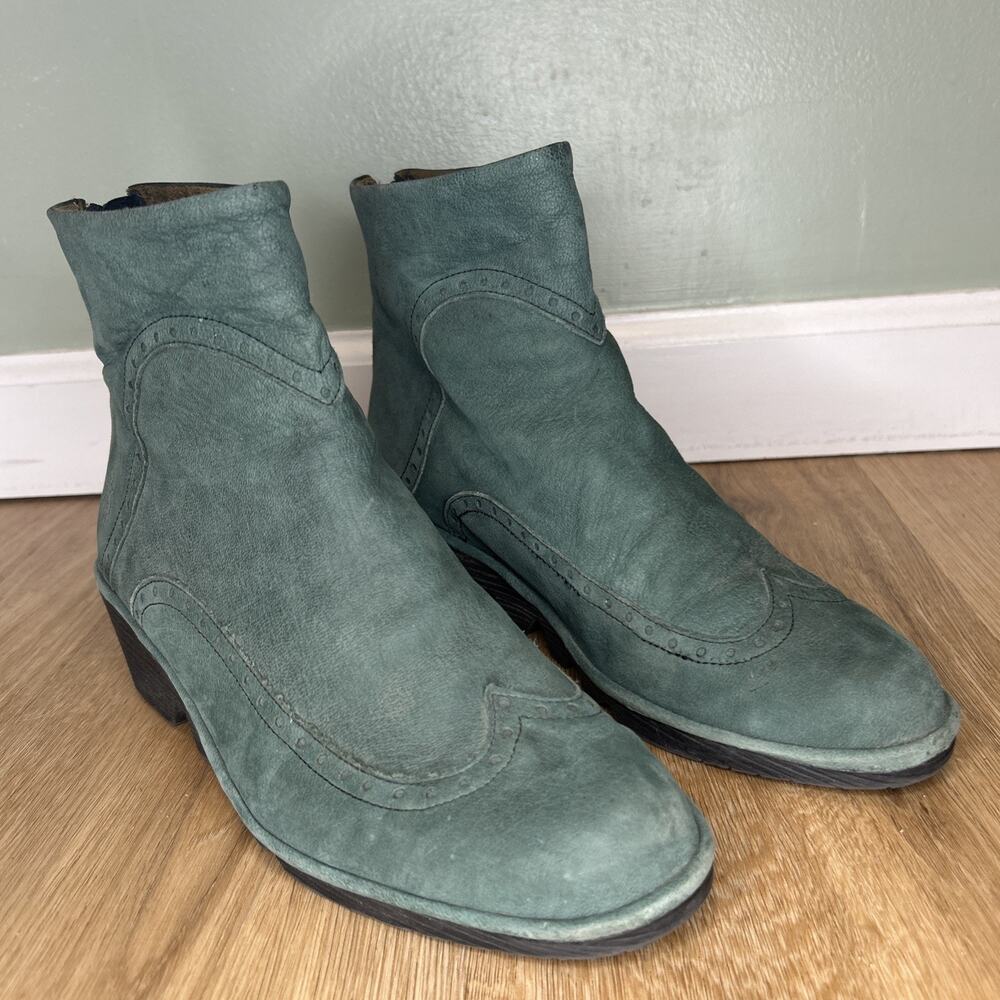 Fly London Paya Leather Wedge Ankle Boots Size 39 EU US 8 Green Oxford Academia